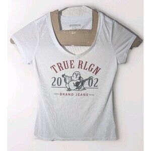 True Religion Women's T-shirt Crystal Embellished 2002 Buddha Rounded V-Neck